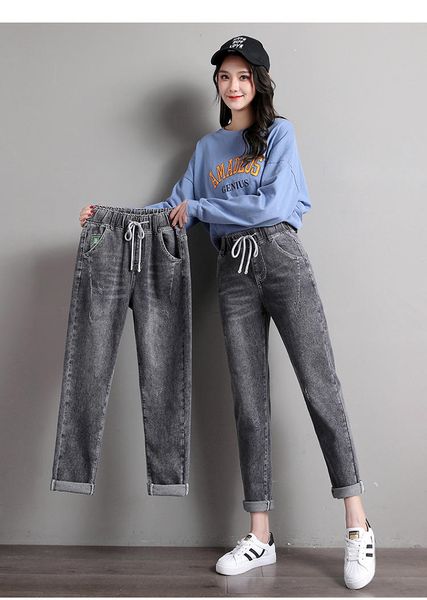 

gray black elastic waist jeans female qiu dong fat big yards, Blue