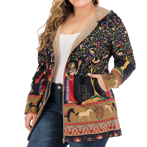 

new winter women ethnic jackets print warm plush coats outdoor female vintage long sleeve casual zipper jacket bohemia outwear, Black;brown