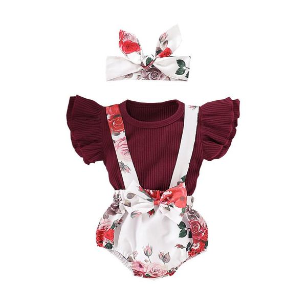 

3шт летняя одежда для новорожденных новорожденных девочек одежда наборы оборками твердые ползунки боди+цветочные шорты+оголовье наряды одежд, White