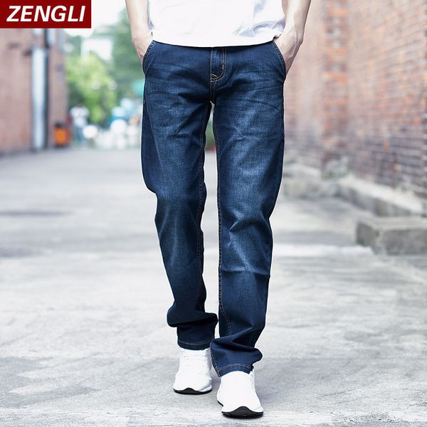 

zengli brand men's jeans comfortable cotton fashion casual blue black loose solid elastic denim trousers plus size 28-48