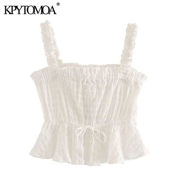 

kpytomoa women 2020 sweet fashion ruffled cropped blouses vintage sleeveless drawstring tied straps female shirts chic, White