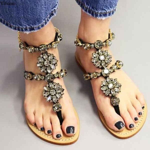 

yifsion new women flat with gladiator sandals flip flops sandals rhinestone 4 colors beach shoes women us plus size 5-.5, Black