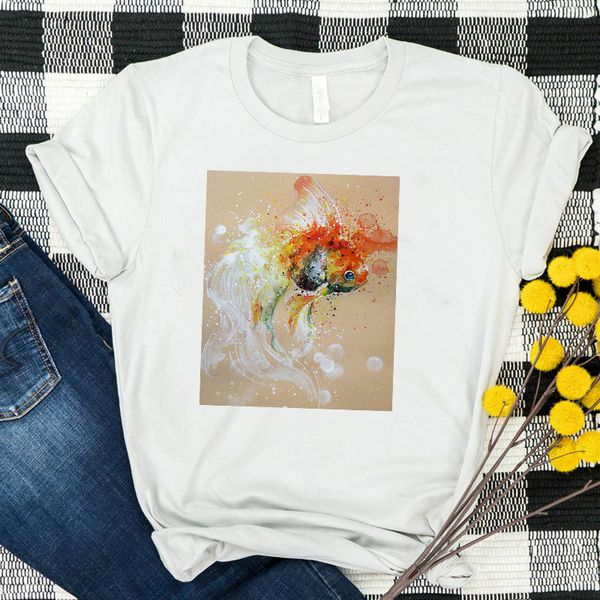 

women shirt womens summer oil painting golden fish casual short sleeve female tshirt tees printed graphic clothes t-shirt, White