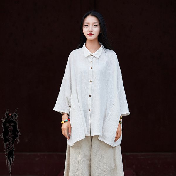 

women summer autumn irregular length plus size blouse female solid color cotton linen shirt bat sleeve shirts blouse, White