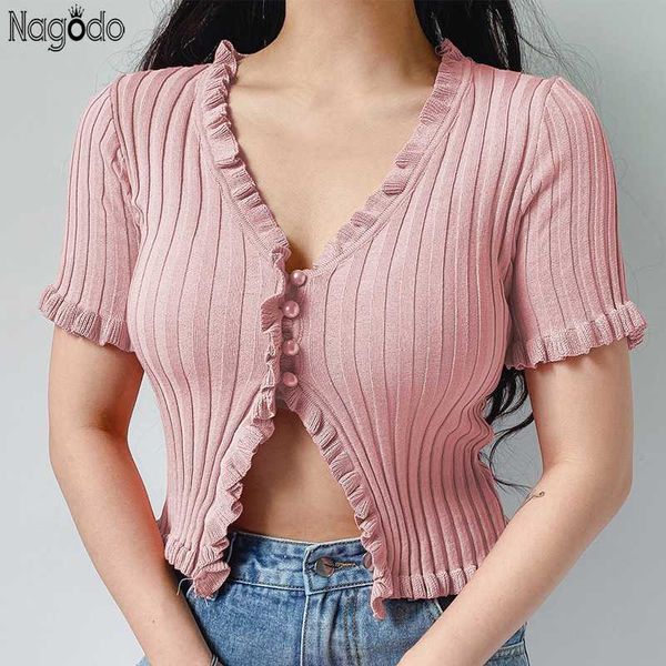 

nagodo pink knitted sweater 2020 new summer v-neck solid color thin cardigan mujer button short sleeve navel women, White