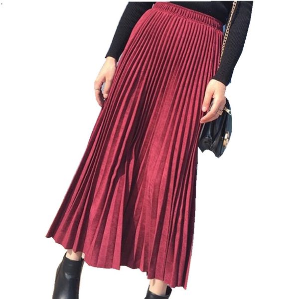 

1881 pleated women skirt girl long autumn winter female deer suede high waist, Black