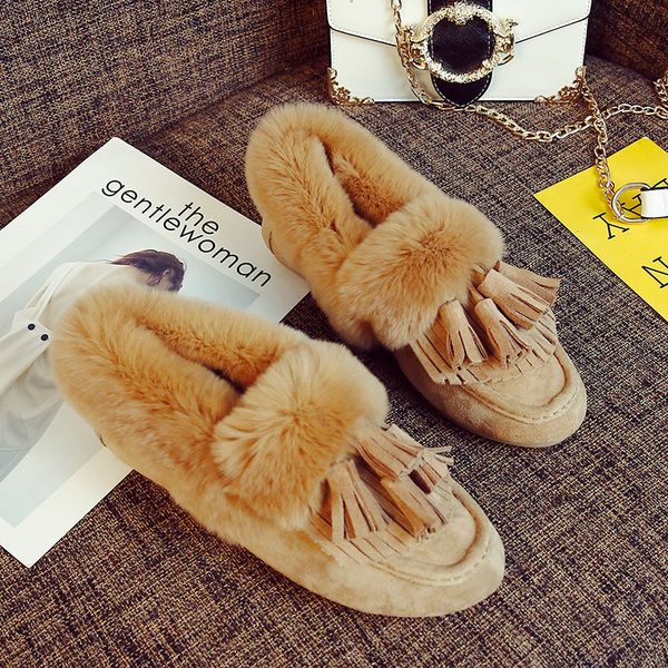 

b1-5 размер 33-43 женщины vintage fringe winter квартира обуви женского искусственный мех скольжению на обуви женщины плоских каблуков женщи, Black