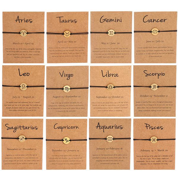 

twelve constellations rope adjustable wristbands charm bracelet zodiac stainless steel bangles jewelry with card ing, Golden;silver
