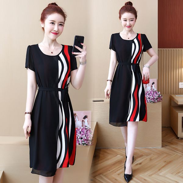 

2019 summer new style crew neck short sleeve large size dress-style slimming stripes fashion printed splicing dress, Red