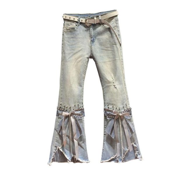 

european style high waist frayed cropped jeans women 2020 spring new irregular beaded heavy craft flared pants r681, Blue