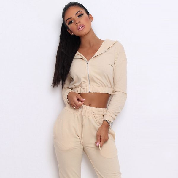 

tracksuit 2pcs women set hoodies crop short jacket two piece sweatshirt pants suit cotton casual clothes outfit, White