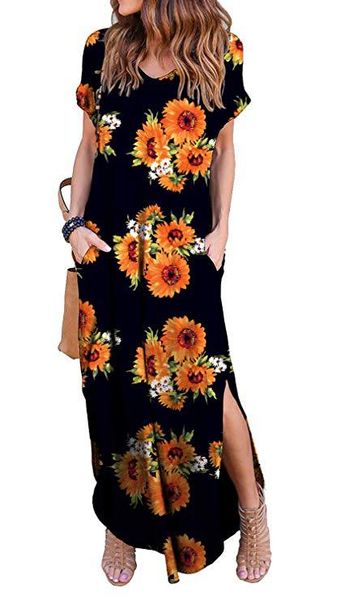 

women designer clothes long casual dress solid color split pocket fashion bohemian floral print maxi summer dress v-neck muslim dress free, Black;gray