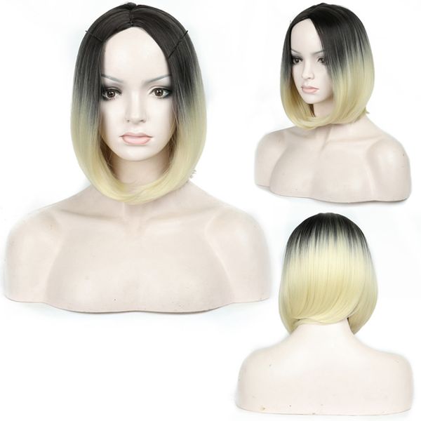 

ombre wigs quality 12" dark roots short bob straight wigs heat resistant synthetic hair wigs for women blonde red blue cosplay & daily, Black