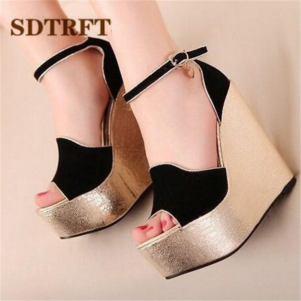 

sdtrft stiletto ladies wedges sandals platform shoes woman 15cm high heeled zapatos mujer buckle pumps small yards:30,31,32,33, Black