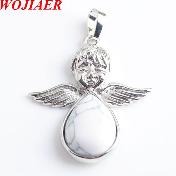 

wojiaer angel wings natural white turquoise stones pendants & necklaces bead women girls jewelry christmas gifts dn8090, Silver