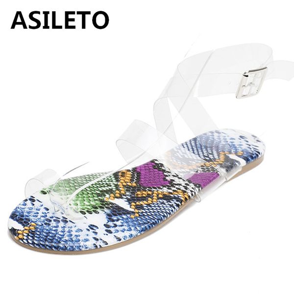 

asileto 2020 ladies summer concise sandals sandwich toe flat heels buckle cross tied transparent plus size 36-42 leisure f962, Black