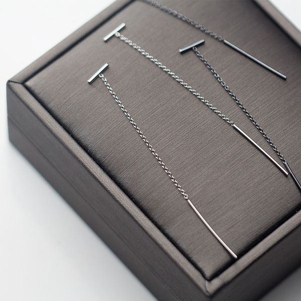 

thin minimalist 1pair real. 925 sterling silver fine jewelry white/black bar tassel dangle earrings long women's gtle2759, Golden;silver