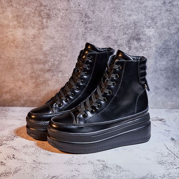 

leather platform shoes increased 8cm high to help women sports shoes tie muffin bottom flat women -29