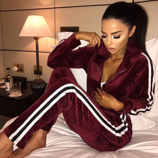 

autumn tracksuit women two piece running set stripe and sweatpants women sports suit casual yoga gym fitness set sportswear, Black;blue