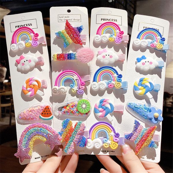 

5set/lot cute girls cloud lollipop rainbow hairpins cartoon princess pin hair clips for children headband kids accessories, Slivery;white