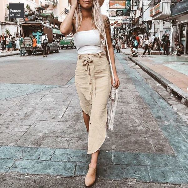 

высокая мода лета женщин юбки высокой талией вскользь новая кнопка midi юбки bow tie пояс feminino бич юбки 2019 solid, Black