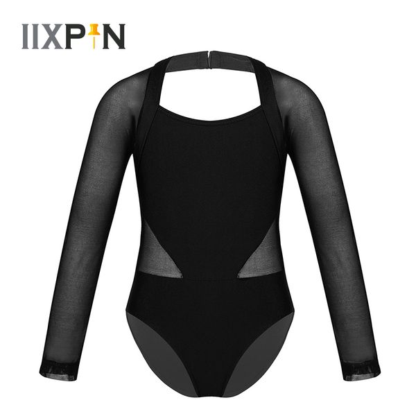 

girls ballet costumes dance wear ballerina dress girls leotard long sleeves cutout back mesh splice gymnastics leotard jumpsuit, Black;red
