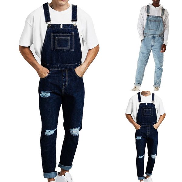 

men's fashion holes distressed slim fit stretch jeans mens denim bib overall jumpsuits casual straight loose jeans 2019 new, Blue
