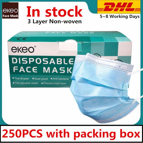 

fast ship 250pcs disposable face masks 3 layer ear-loop dust mouth masks cover 3-ply non-woven disposable dust mask soft breathable dhl, Blue