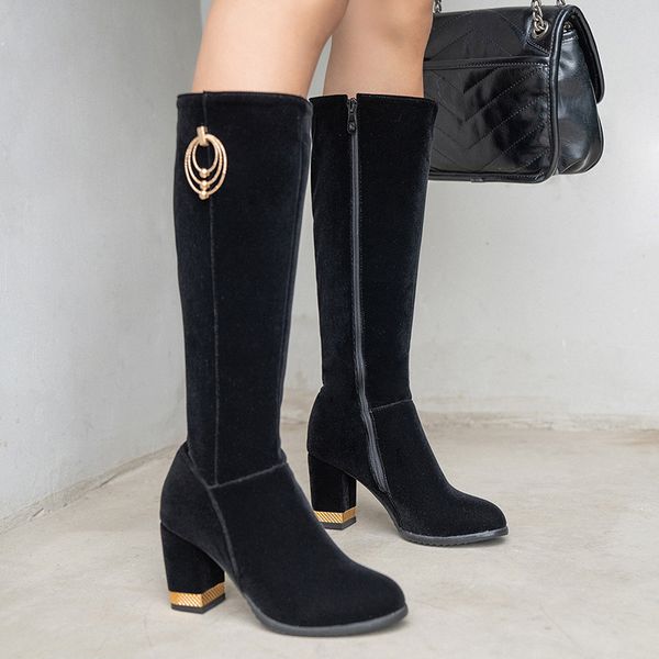 

female knee high boots women soft flock leather knee winter boots comfortable women long shoes 2019 new, Black