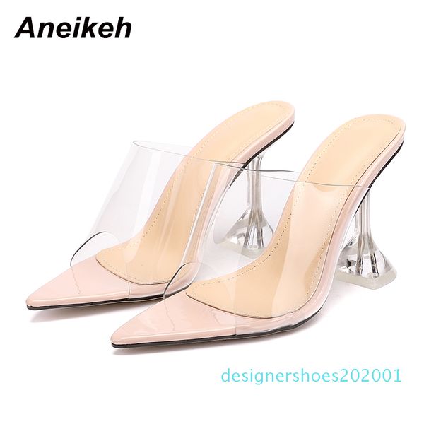 

aneikeh pointed end flip flops shoes woman slippers pvc peep-toe slip-on perspex heel stilettos high heels lady fashion pumps d01, Black