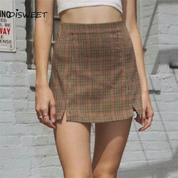 

woman in retro plaid print split skirt simple high waist slim summer mini skirt ladies casual loose a-line women 2020, Black