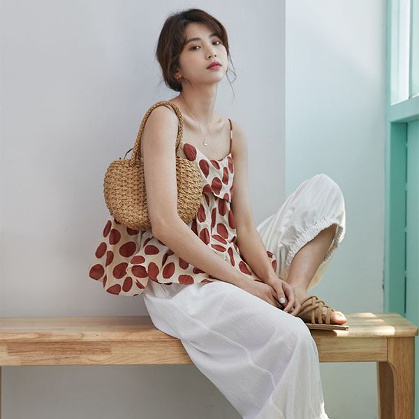 

women summer set fashion vacation style 2020 vintage polka dot camisole cotton linen lantern pants two-piece matching sets, White