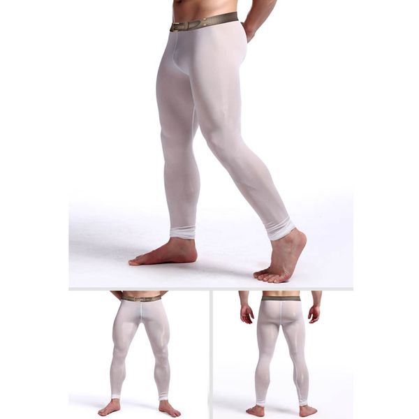 

men's warm ice silk stretch yoga bodybuilding leggings ninecent pants comfortable u convex pouch ultrathin sleep bottoms, Black;brown