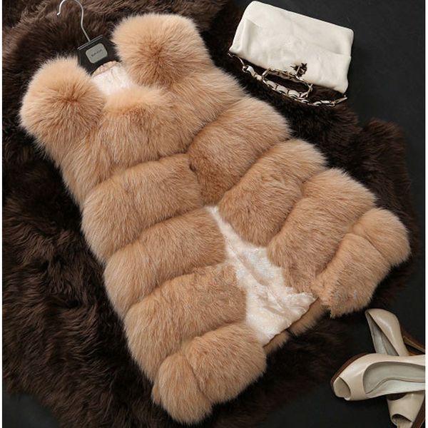 

2019 winter coat women fur vest with a pocket high-grade faux fur coat leisure plus size 4xl female long vest, Black