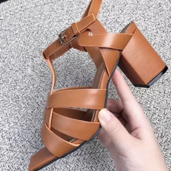 

fashion casual designer women sandals brown matt real leather ankle-wrap strappy mid high heels shoes sandals, Black
