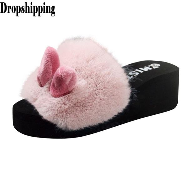 

beach ear fur slippers women slides slip-on open toe wedges shoes woman warm winter slipper shoes dropshipping #zb, Black