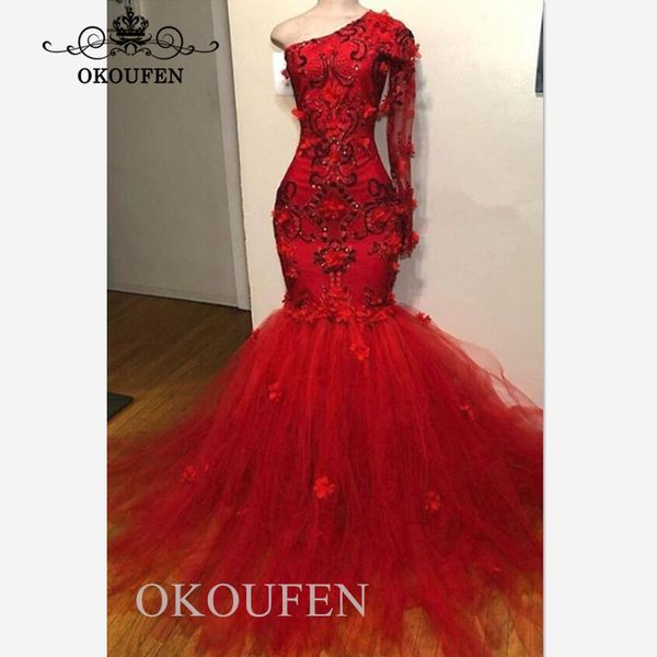 

2020 sheer one long sleeves prom dresses with appliques beads red tulle puffy mermaid evening dress party for women, White;black