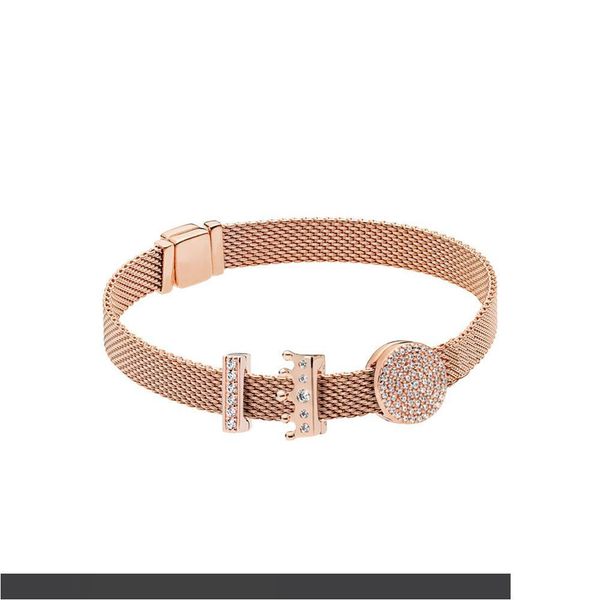 

genuine 925 sterling silver reflective bracelet with logo engraving for pandora style jewelry female mesh clip charm reflection crown clip e, Golden;silver