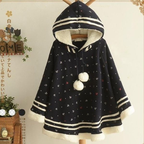 

japanese preppy style hooded printing anchor strap plus velvet bat cape coat sweatshirt, Tan;black