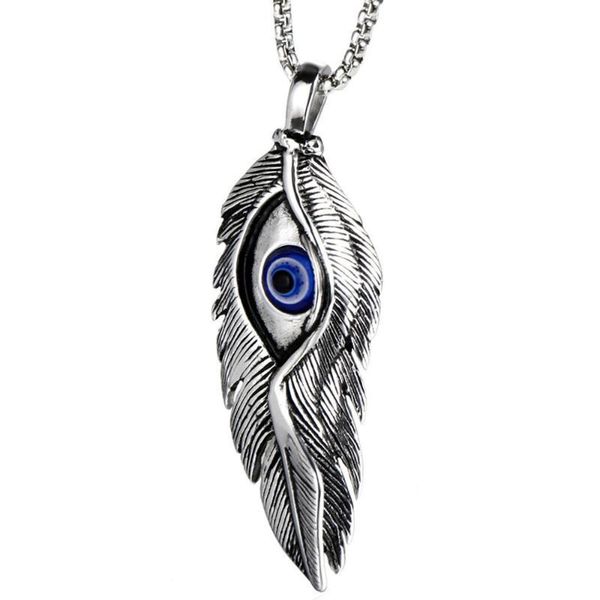 

stainless steel jewelry demon eye wing feather pendant necklace blue eye evil men's necklace sweater chain, Silver