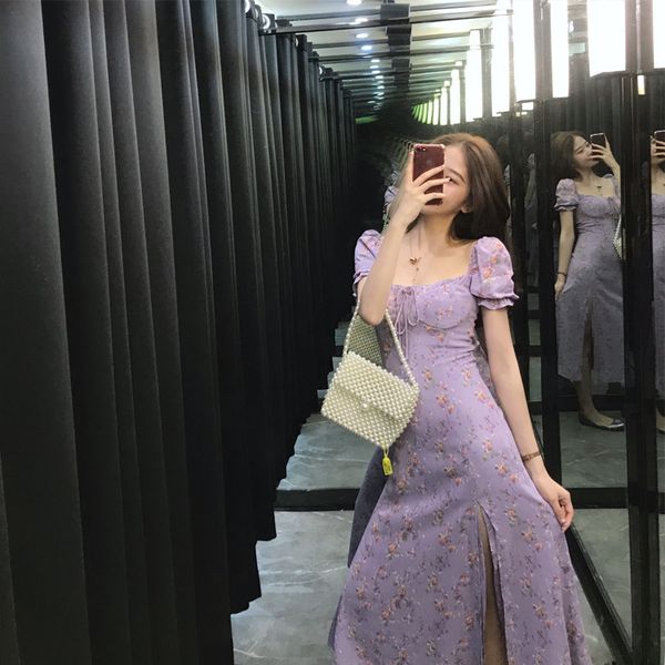 

purple dress women floral elegant french small flying sleeves retro niche split fresh 2020 new summer fashion, Red