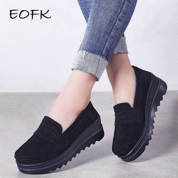 

eofk women flats platform loafers ladies elegant genuine leather moccasins shoes woman autumn slip on casual women's shoes y190704, Black