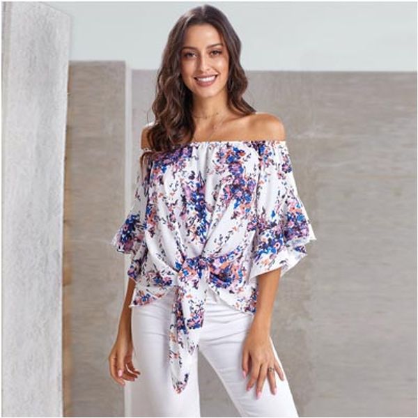 

womens fashion loose shirt ladys designer t-shirts women slash neck bell sleeve shirt womens casual print tshirts tees, White