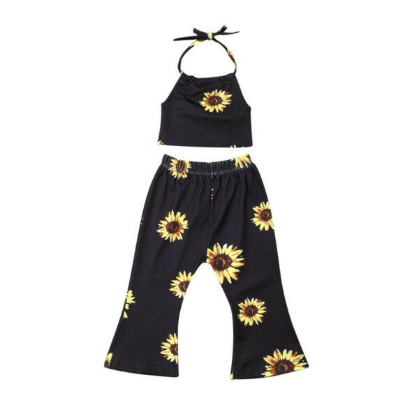 

2pcs toddler baby girl clothes sunflower halter vest +pants outfits sunsuit, White