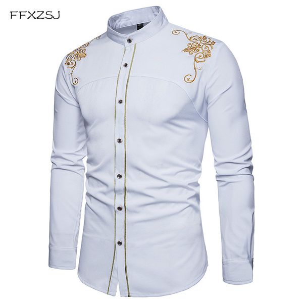 

ffxzsj 2020 spring royal court style solid floral embroidered solid dress shirts slim fit casual long sleeve shirt s- xxl, White;black