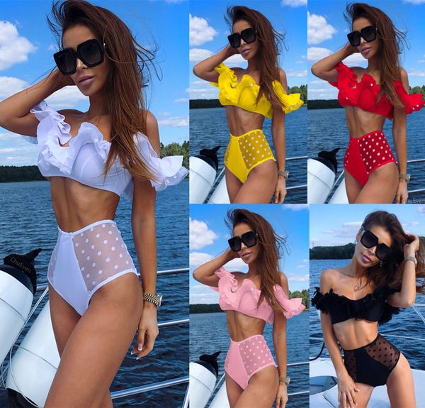 

off shoulder ruffles bikini high waist push up swimwear bathing suit two piece bikini sets for women, White;black