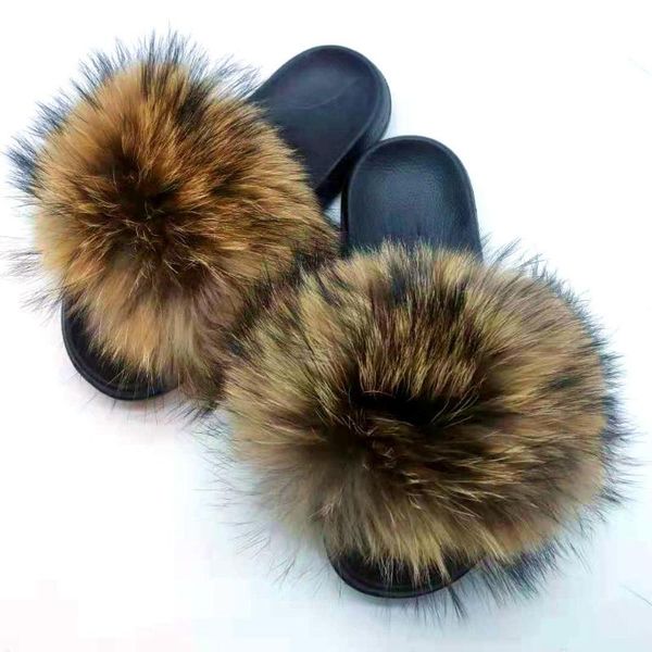

raccoon fur female slippers real fur sandals bedroom non-slip flat flip flops women home shoes fluffy furry slippers, Black