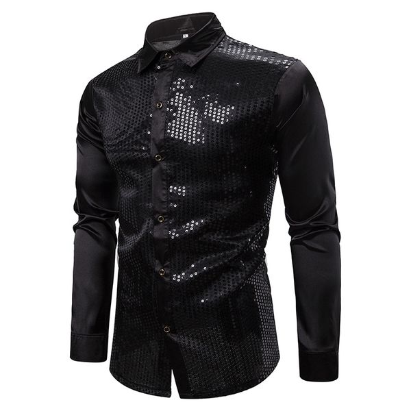 

mens black long sleeve button down dress shirts 2020 shiny sequin silk satin shirt men business party shirt male chemise homme, White;black