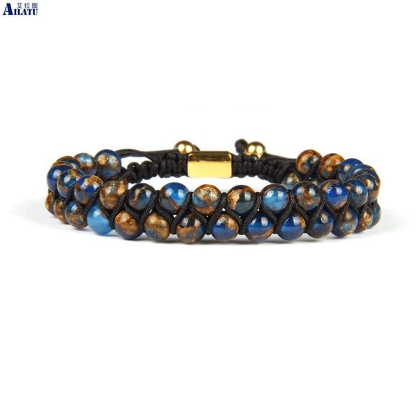 

ailatu natural blue cloisonne double beaded stone macrame bracelet nice gift for men and women, Golden;silver