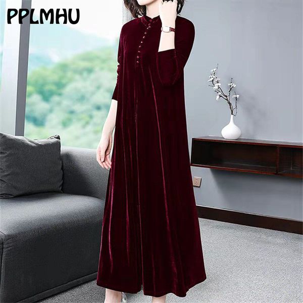 

plus size 5xl 6xl velvet dress women 2020 new casual mom's loose maxi robe red long sleeves solid color winter party vestidos, Black;gray